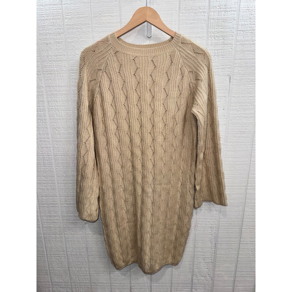 POL Sweater Dress Womens Tan Pointelle Knit Raglan Sleeve Boho JST627B Medium